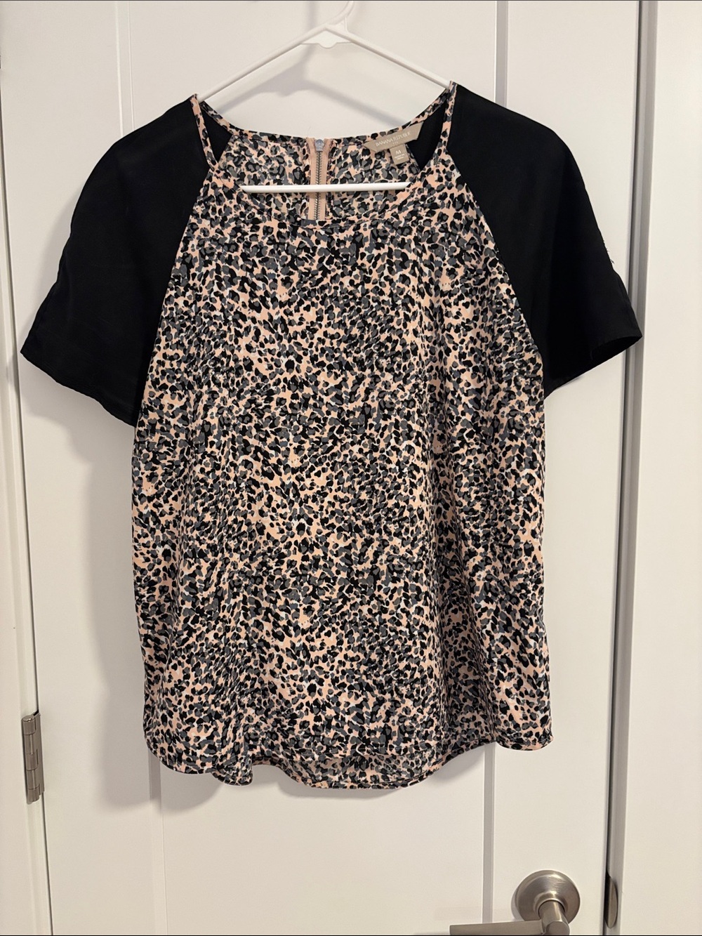 Banana Republic Pink and Black Leopard Raglan Sleeve Blouse, zipper back detail